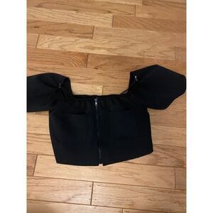 Asos women's black short puff sleeve front zipped w pockets cropped blouse sz 6